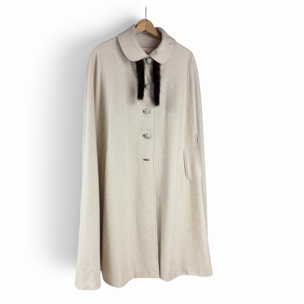 Lady Elite Wool Coat Womens Tan/Beige Long Dress Coat Mink Fur Trim Vintage L/XL